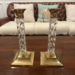 WATERFORD CRYSTAL Cambridge Candle Holders 2-Piece Brass Base Stamped 11” VTG‎